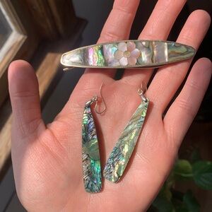 925s sterling silver Abalone Shell Earrings 2PC SET + Vintage brass Hair Clip